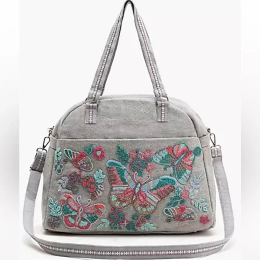 America and Beyond NEW Beaded Floral Butterfly Gray Metallic Weekender Tote